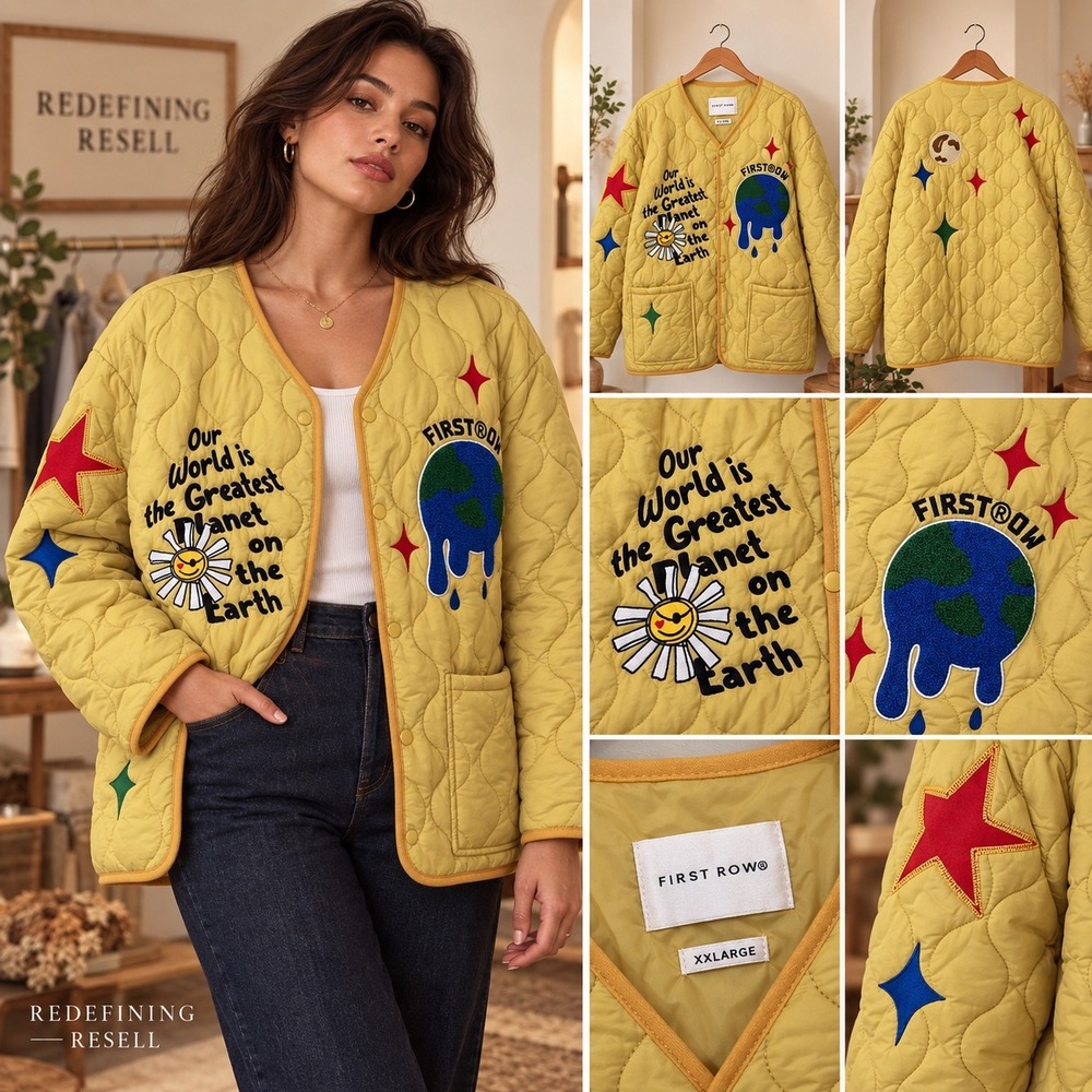First Row Womens Yellow Quilted Graphic Earth Daisy Jacket XXL FRJ2012